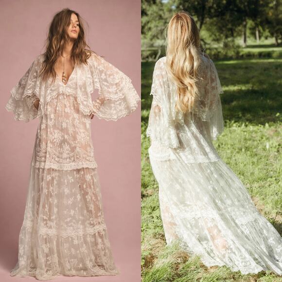 LoveShackFancy Roylan Lace Mesh Maxi Dress White - Picture 1 of 16